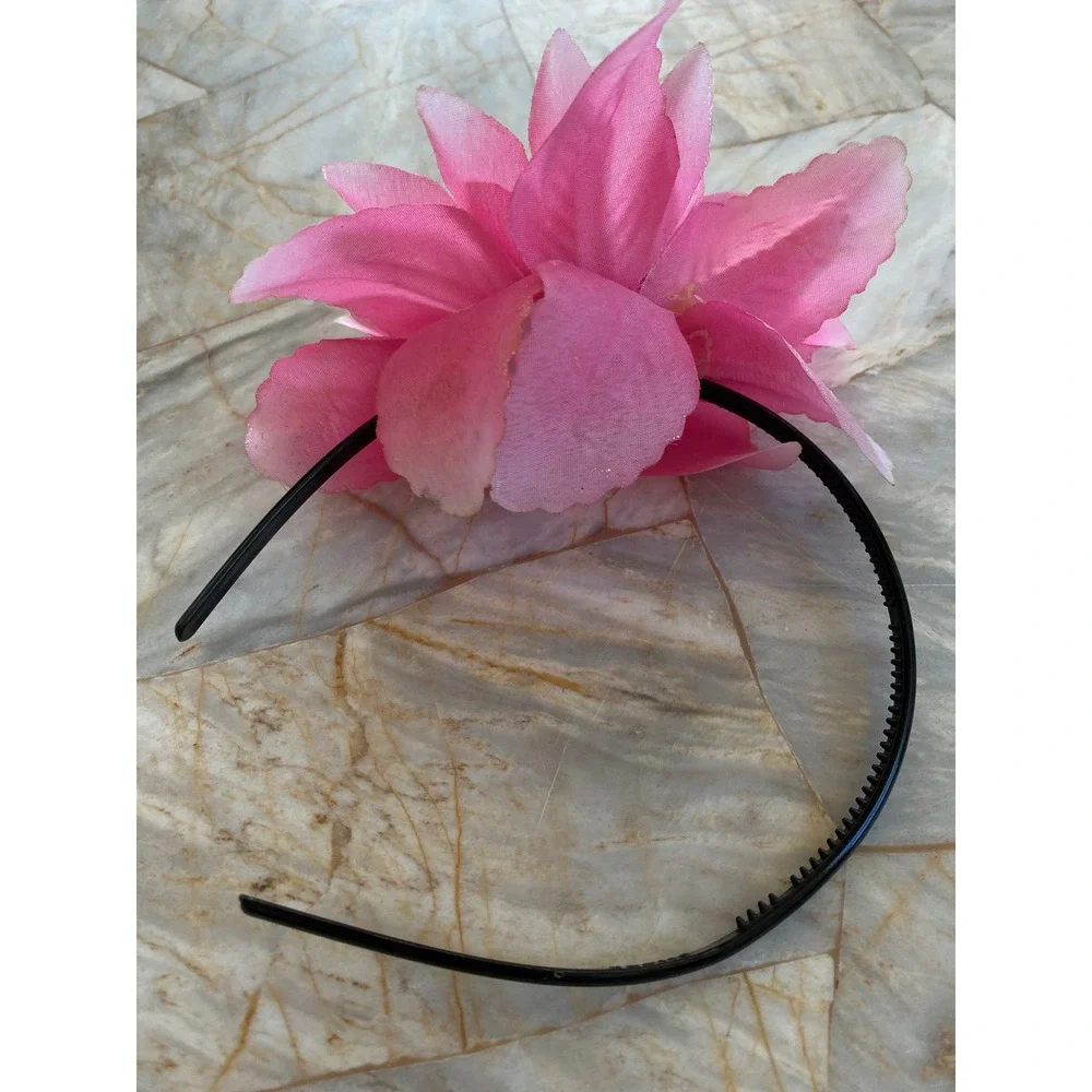 Pink Floral Headband Large Fabric Flower Glitter Accents Tropical Style Black